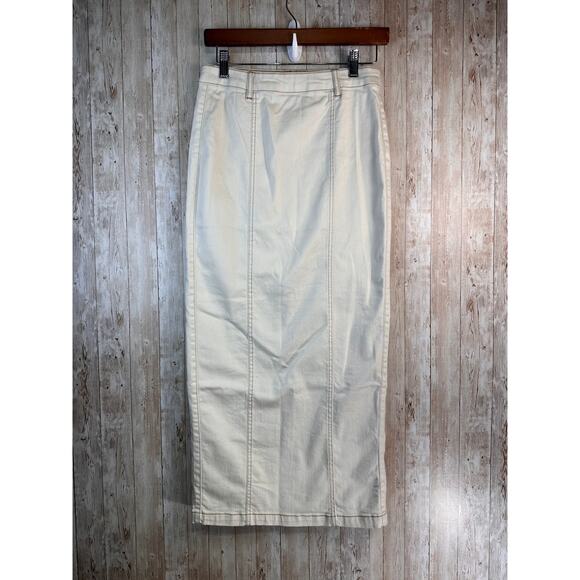 Anthropologie Belle Vere Pencil Skirt XS Ivory Brown Stitching Back Slit NWOT - Picture 1 of 7